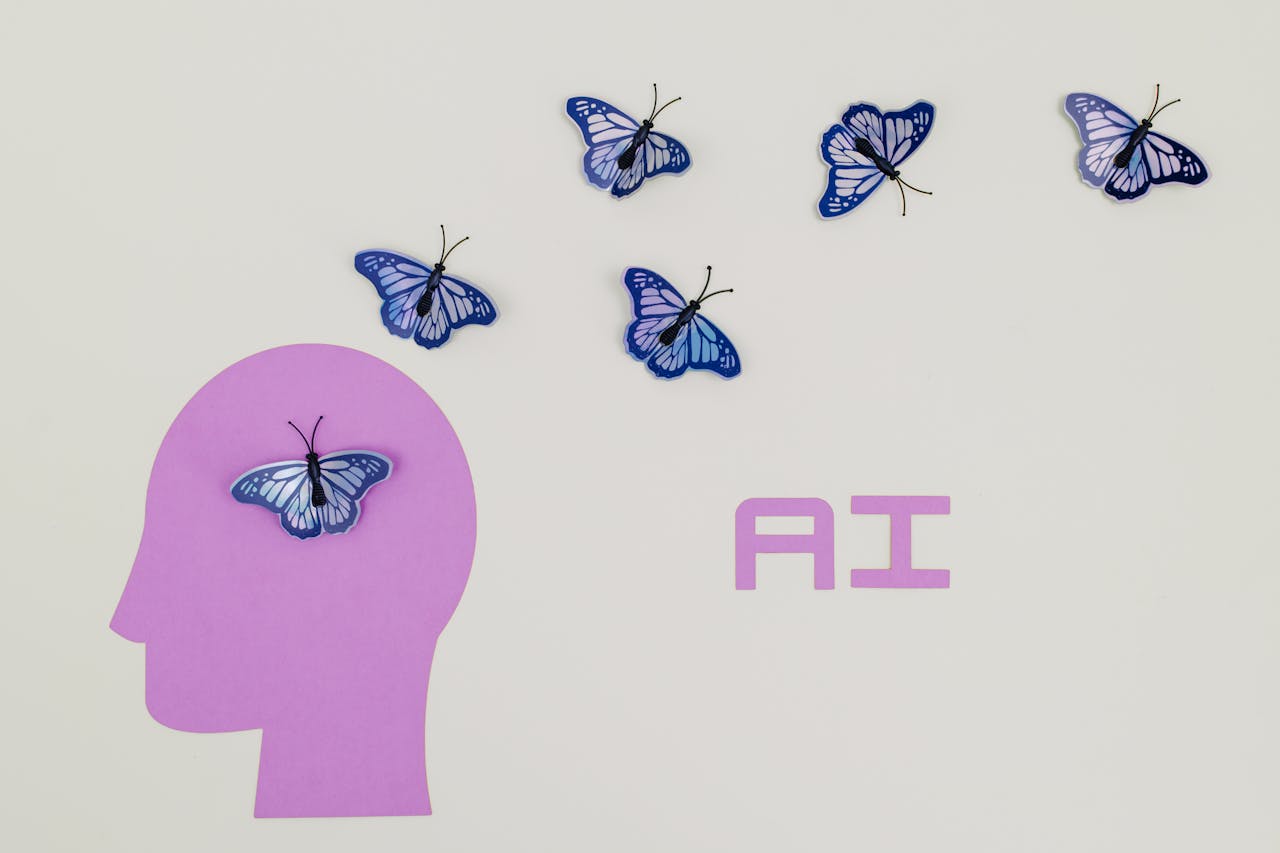who-we-are Surreal AI conceptual art featuring butterflies and a human head silhouette in a minimalistic style.